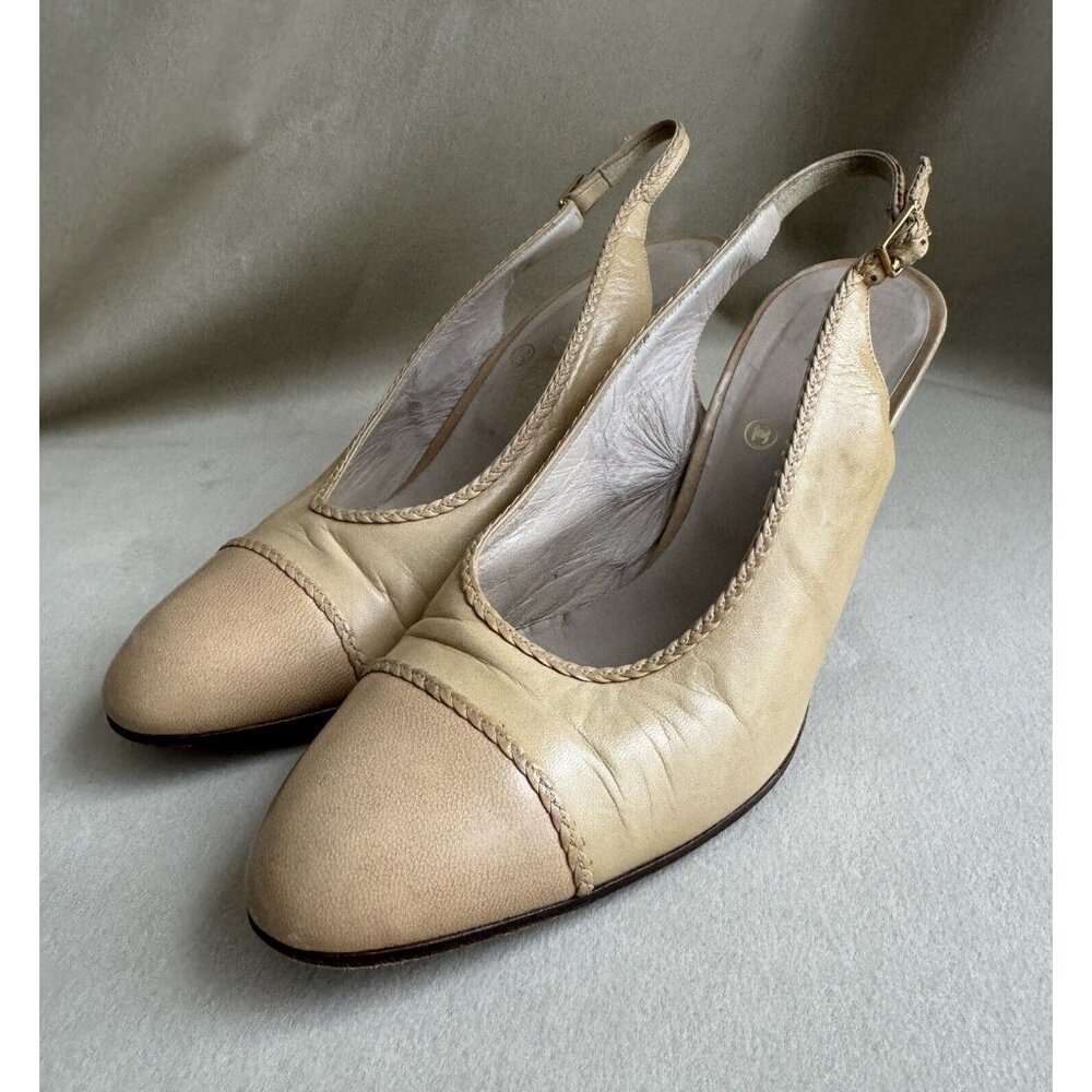 Chanel Vintage Sling back Size 6G Beige Leather Heels Shoes - Picture 3 of 9